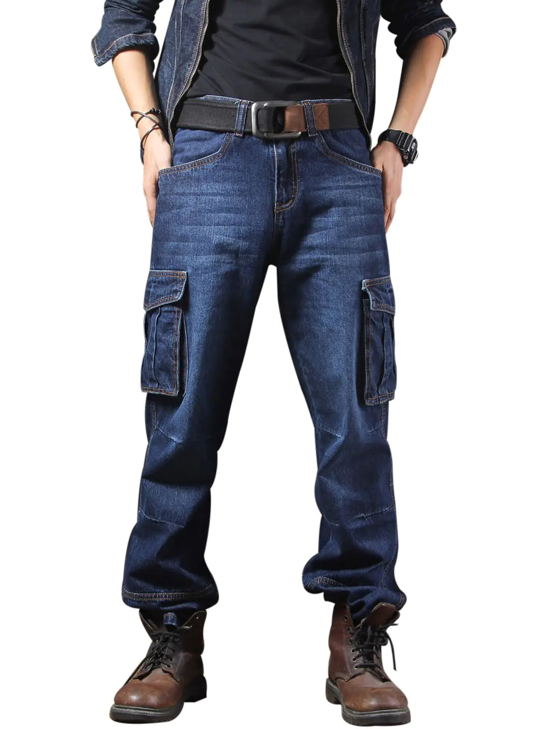 Yeokou Mens Casual Loose Hip Hop Denim Work Pants Jeans with Cargo Pockets(DarkBlue-38)