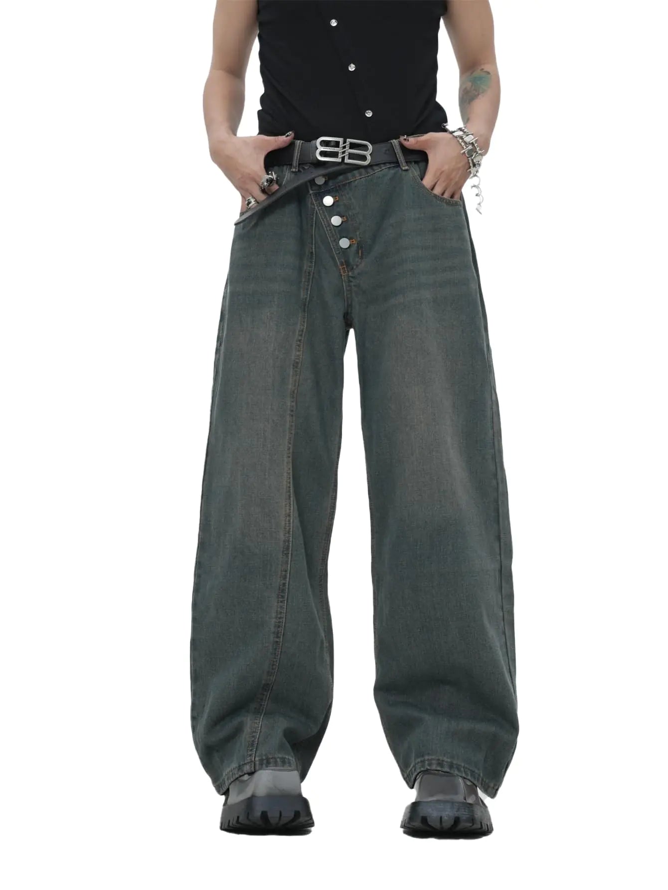Angled Button Fly Baggy Jeans Hip Hop
