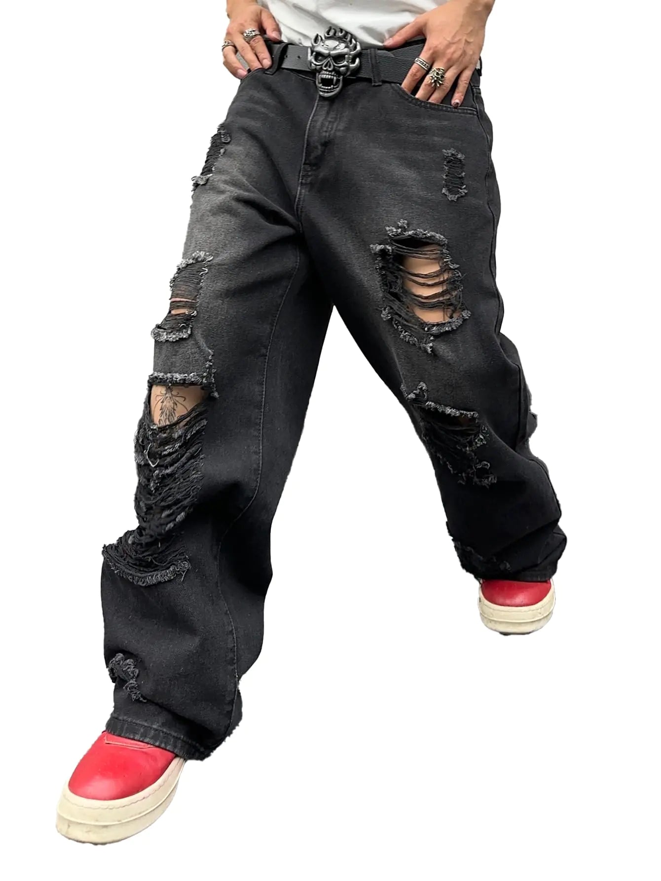 DFGIGT Mens Baggy Ripped Jeans Stylish Wide Leg Destroyed Distressed Jeans Skater Denim Pant Y2k Hip Hop Trousers with Holes Rock Relaxed Fit Revival Loose Fit Streetwear CasualA10 BlackX-Small