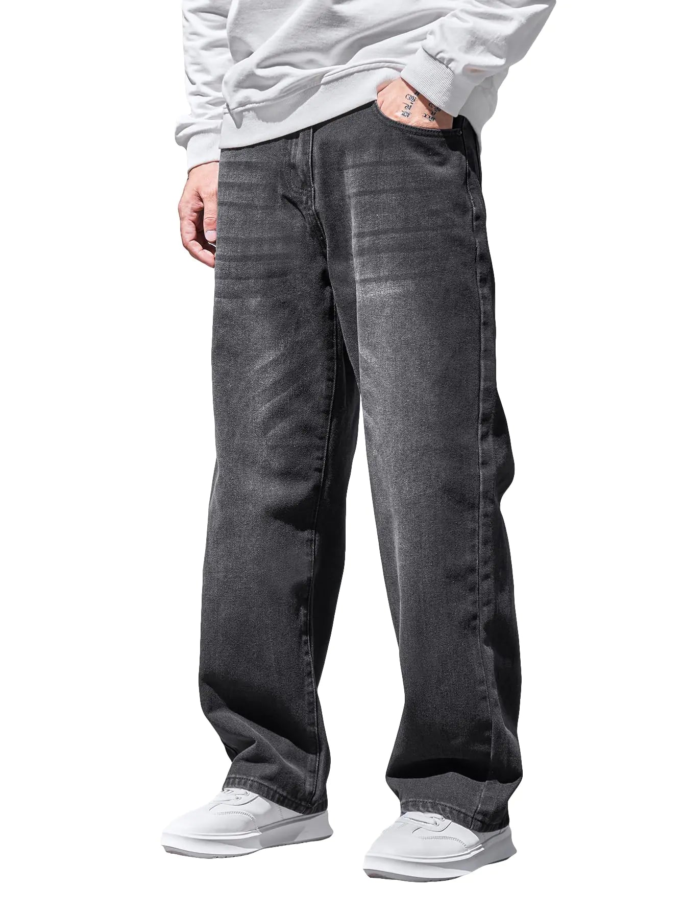 Verdusa Mens High Waist Loose Jeans Baggy Straight Leg Denim Pants Trousers Dark Grey S