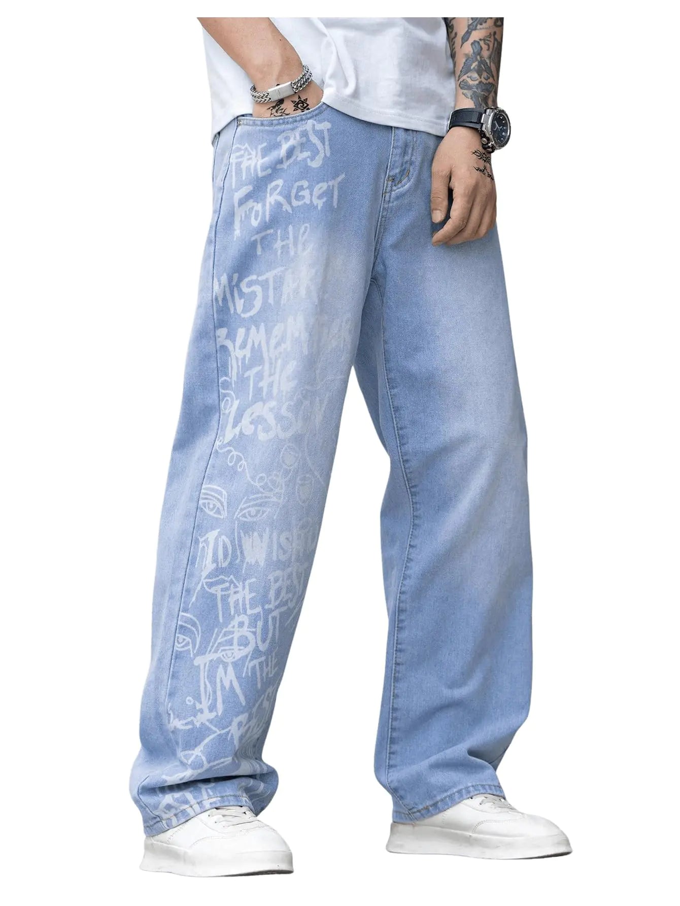 Verdusa Mens Wide Leg Denim Pants Casual Loose Fit Long Jeans with Pockets Letter Blue Medium