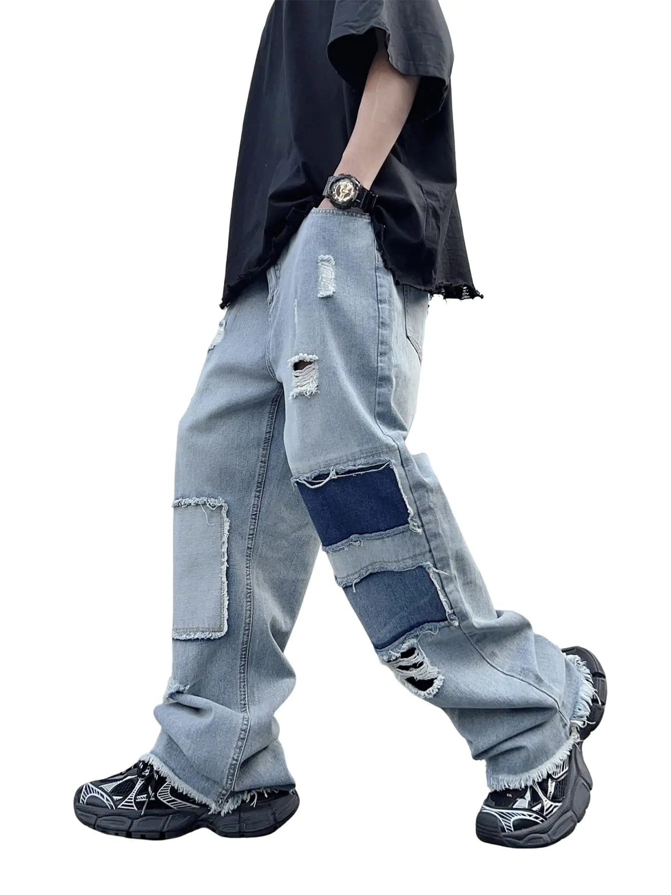 DFGIGT Mens Light Ripped Baggy Jeans Summer Spring Frayed Hem Destroyed Hip Hop Skater Jeans Wide Leg Denim Pant Patched Patchwork Lightweight Thin Distressed Y2k 2000s Relaxed LooseA10 BlueX-Small
