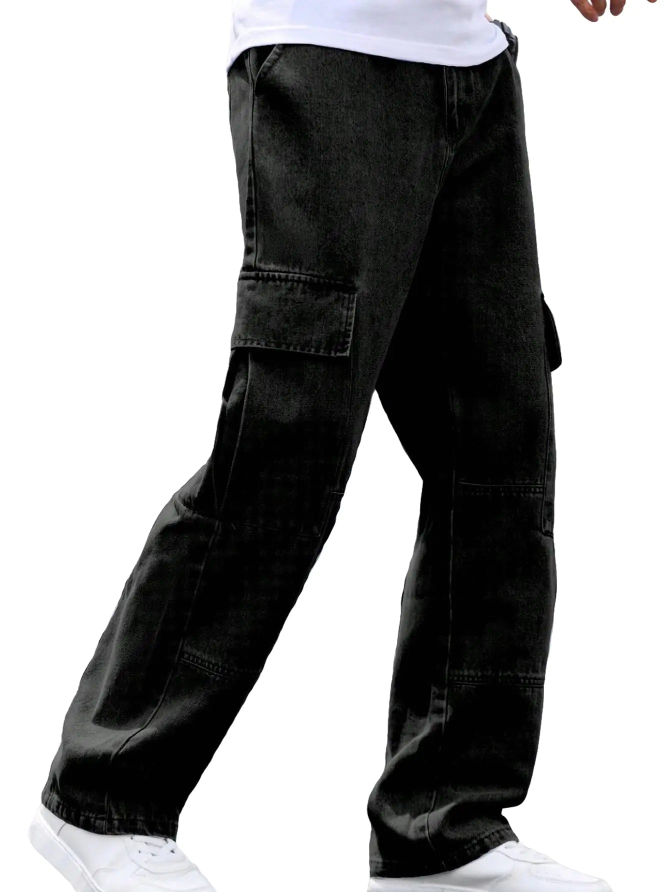 Verdusa Mens Casual Cargo Pants High Waist Straight Leg Jeans with Pockets Black Large