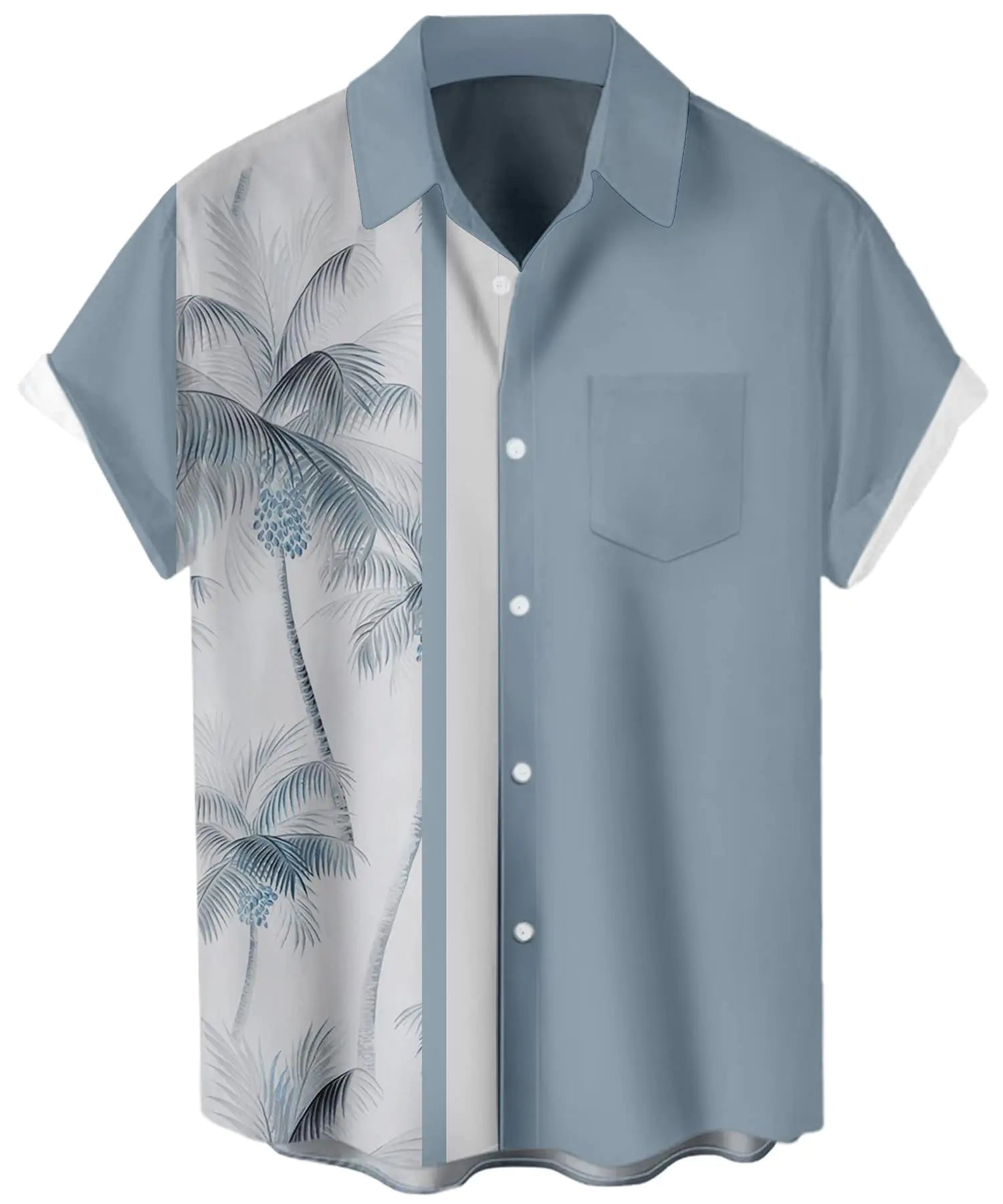 Mens Bowling Shirt Short Sleeve Vintage Printed Camp Shirt Casual Button Down Shirt Bowling Blue Tree L