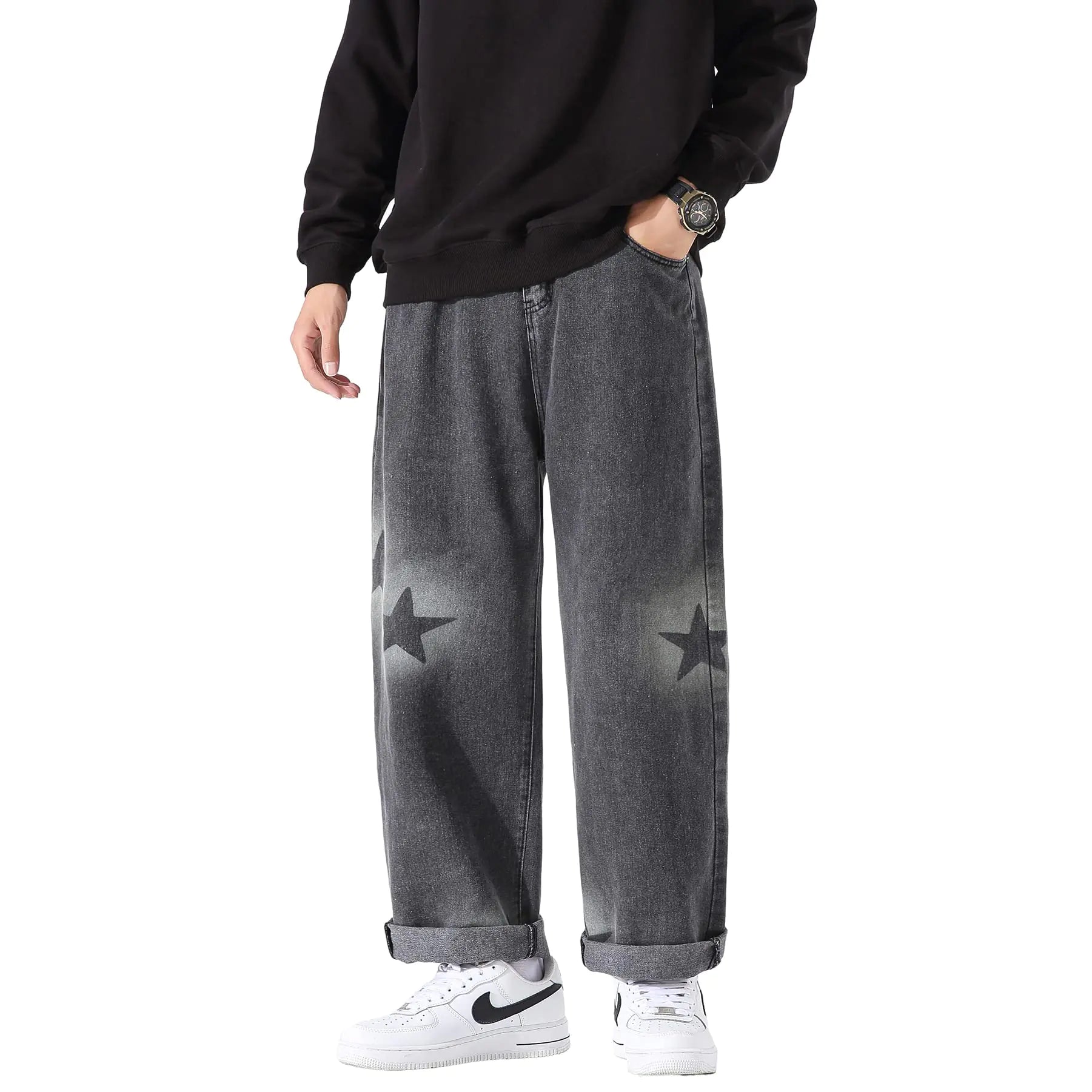 Jeans Casual Hip Hop Cargo Solid Color Loose Fit Straight Wide Leg Cotton Denim Pants with Zipper