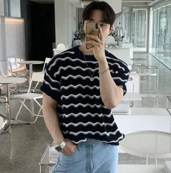 Men's Luxury Striped O Neck Knitted T-Shirt (Single Piece)